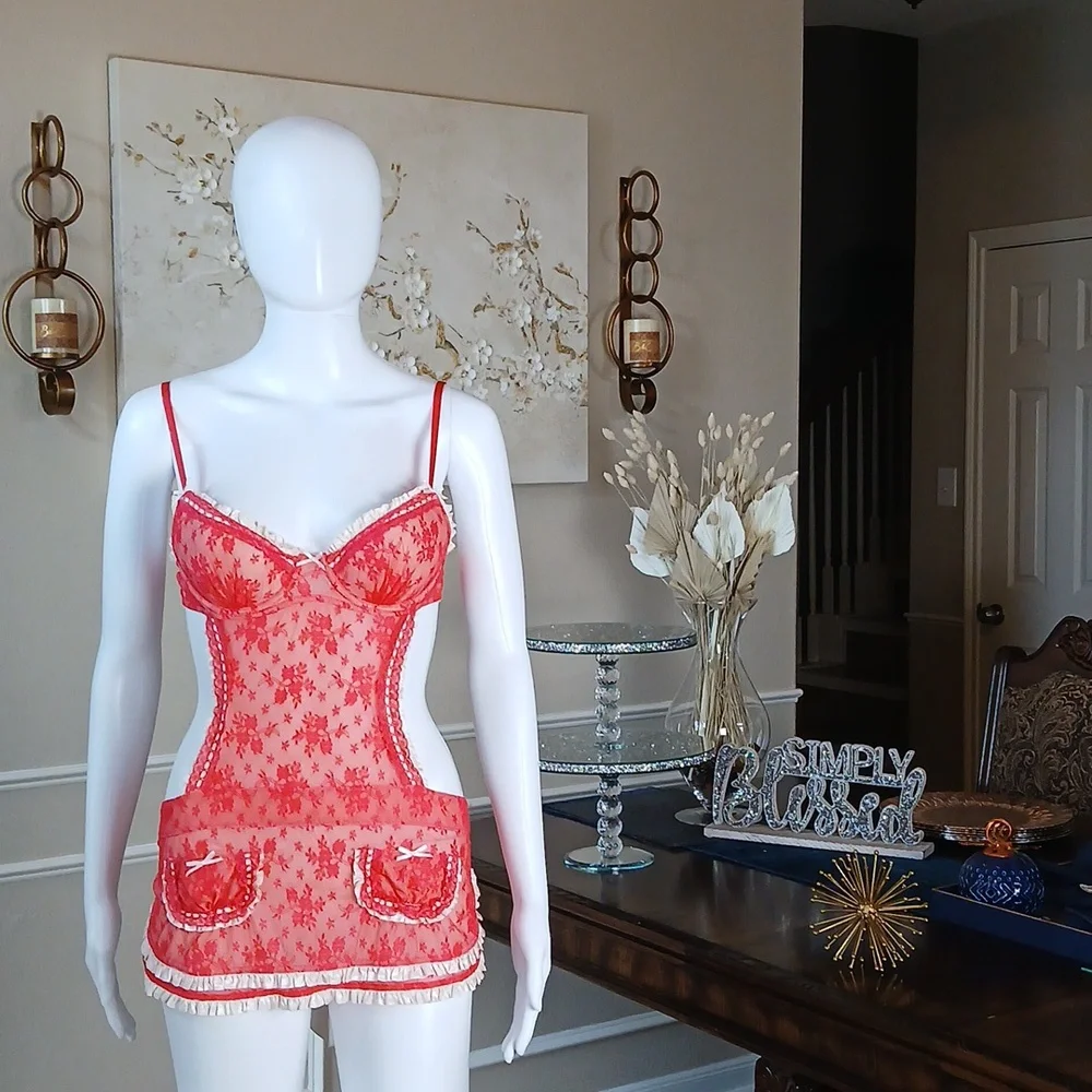Victoria's Secret Super Sexy Floral Lace Apron Lingerie Mini Dress Size 34B